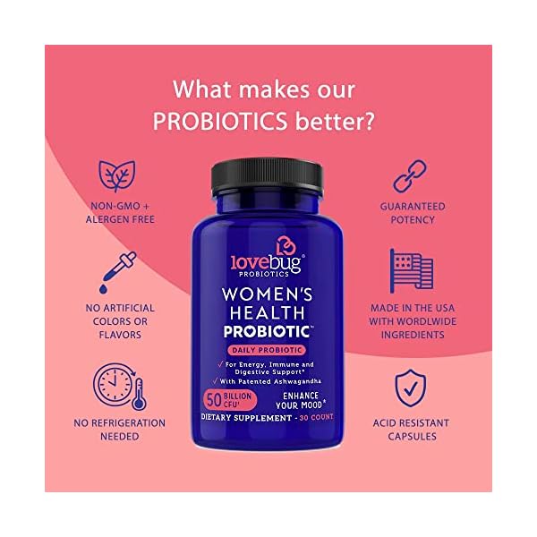 Lovebug Probiotics Tägliches Probiotikum für Frauen, 30 verzögerte Probiotika-Kapseln mit Ashwaganda, Kurkuma und B12… – Bild 4
