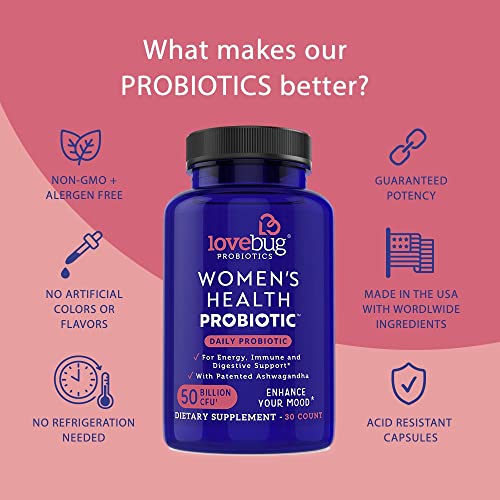 Lovebug Probiotics Tägliches Probiotikum für Frauen, 30 verzögerte Probiotika-Kapseln mit Ashwaganda, Kurkuma und B12… – Bild 4
