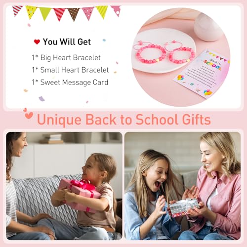 Image of Mommy and Me Preschool Pre-K First Day of School Bracelet Mother Daughter Matching Beaded Heart Bracelets Set Back to School Jewelry Gifts