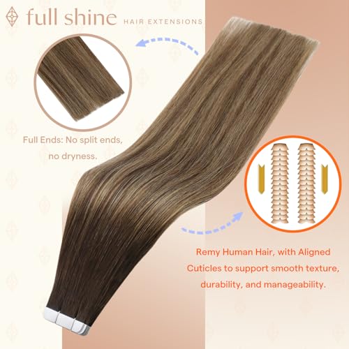 Image of Full Shine Tape in Extensions, Dark Brown Caramel Blonde Ombre 12 Inch | 30g 20PCS, Invisible Tape in Hair Extensions, Double Sided Design Soft Chestnut Honey Blend Party Styling with Natural Volume