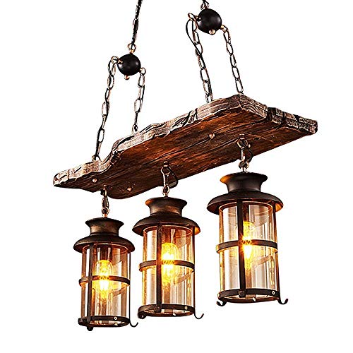 Lampe à Suspension Vintage, Lustre Industriel Bois Bar Lampe 3 * E27 Hauteur ajustable Vintage Pendentif Lumière Industrielle Style En Bois Massif Éclairage Restaurant Lustre (26,7 * 39,4 pouces)