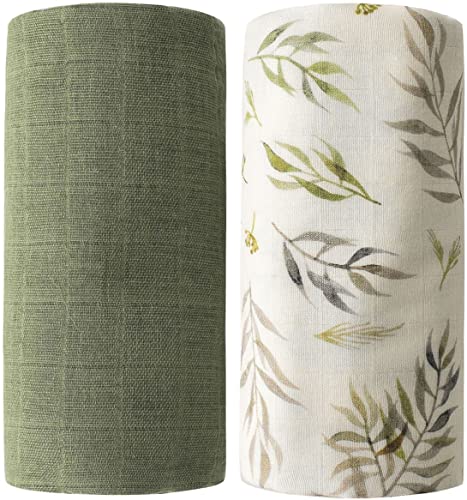 Image of Little Jump 2 Pack (Leaves & Green) Muslin Swaddle Blankets Solid Colors, Large 47 x 47 inches Soft and Breathalbe Muslin Baby Blankets for Girls & Boys…