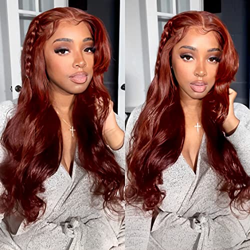 Facmood Reddish Brown Lace Front Wigs Human Hair Body Wave - 24 Inch Red Auburn Brown Lace Frontal Wig 180 Density - 13X4 Transparent Hd Lace Glueless Human Hair Wig Pre-Plucked With Baby Hair For Black Women #TOP1