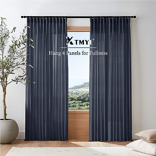 Image of XTMYI Indigo Blue Curtains 108 Inches Long for Living Room 2 Panels Set Back Tab Hook Pleat Linen Extra Long Sheer Curtain Drapes for Dining Room,Total Wide 100 x 108 Inch Length,Dark Navy