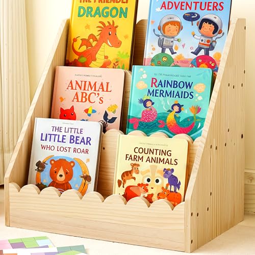 Image of Tristcily 3 Tier Scalloped Bookshelf for Kids-16.2×10.7×16.6In Montessori Bookcase for Toddlers Wooden Scalloped Book Shelf for Nursery Kids Rooms, Playroom and Classroom-Natural