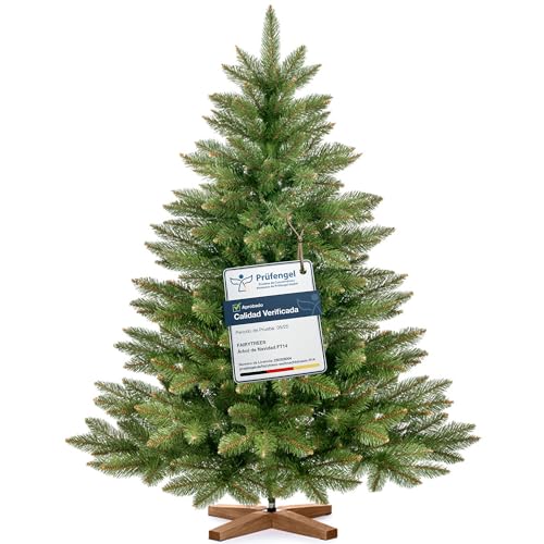 FairyTrees árbol de Navidad Artificial 120cm NORDMANN con el Soporte de Madera| Abeto Artificial con Tronco Verde| Fabricado en EU