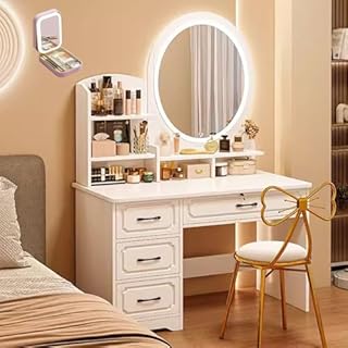 Mesa de tocador de maquillaje con luces de espejo de brillo ajustable para niñas y mujeres, color blanco A