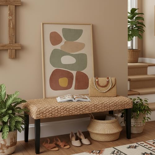 Image of Solid Wood Acacia Indoor Bench with Natural Woven Seat, Boho Bench Entryway, Wood Bench for Living Room, Wooden Bench for Bedroom, Farmhouse Entryway Bench, Dining Benches (Black, Water Hyacinth)