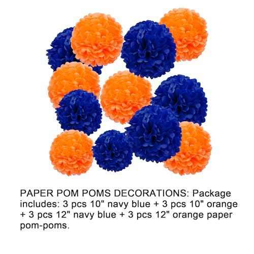 Image of Orange and Blue Tissue Paper Pom Poms Decorations, 12 inch, 10 inch, Paper Flowers for Party Ceiling Hanging Decor - 12 Pcs