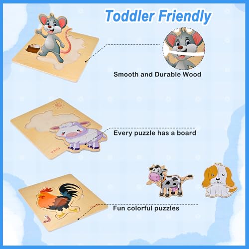 Image of 8pcs Wooden Puzzles for Toddlers 1-2-3-4, Farm Puzzles Ages 1-2-3-4 | Toddler Montessori Educational Jigsaw Toys, Preschool Puzzle Christmas Birthday Gift for Kids Girl Boy 1-4 Year Old