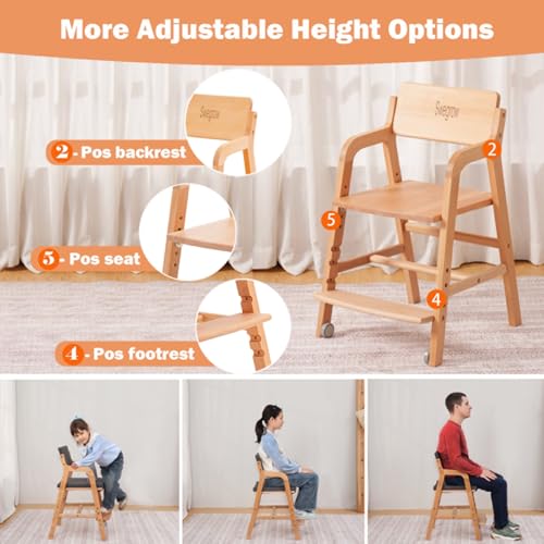 Image of Swegrow Wooden High Chair with 2 Wheels, Adjustable Seat - Backrest - Footrest Heights, Wooden High Chair for Toddlers - Kids and Baby, Kids Dining Chair with Removable Cushion(Gray)