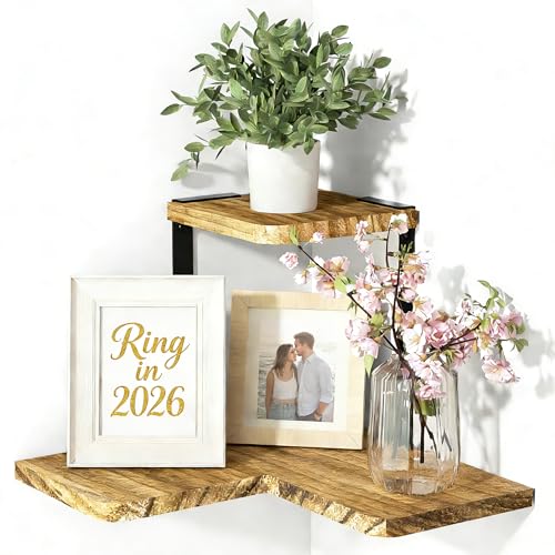 SRIWATANA Rustic Corner Shelf, 2-Tier Wood Wall Shelf, Wall Mounted Storage Shelves for Bedroom, Living Room, Bathroom, Carbonized Black