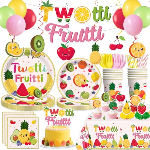 Fruit 2nd Birthday Decorations Twotti Fruity Summer Birthday Banner Decorations Disposable Paper Plates and Napkins Set Fruit Themed Tablecloth Cups Balloons Party Decorations Serves 25 Guests
