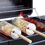 ivtivfu Rolling Grill Basket, Removable Wooden Handle, 304 Stainless Steel, Nesting Grilling Tools, Smoker BBQ Accessories for Vegetable, Outdoor Cooking Camping, Birthday Gifts for Men Dad Husband