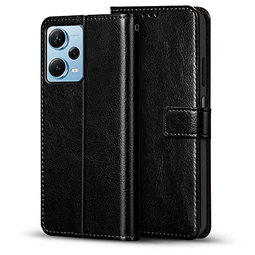Image of WOW IMAGINE Shock Proof Flip Cover Back Case Cover for Xiaomi Redmi Note 12 Pro 5G (Flexible | Leather Finish | Card Pockets Wallet & Stand | Black)
