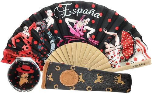 Planta Color Abanico Plegable de Tela de Algodón sobre Madera de Bambú con Funda Artesanal Fabricada en España. Incluye un precioso espejo redondo. (Espejo redondo negro)