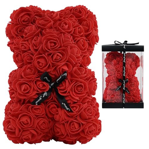 LEUCHTAMOR Rose Bear Red Teddy Bear Valentines Gifts for Her Rose Flower Anniversary with Gift Box Wedding Birthday Mothers Day for Women Mom Wife Girlfriend