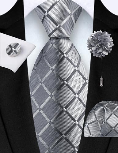 Image of GUSLESON 3.15 inch(8cm) Mens Tie and Lapel Pin Plaid Checkered Necktie Hankerchief Cufflinks Set for Men