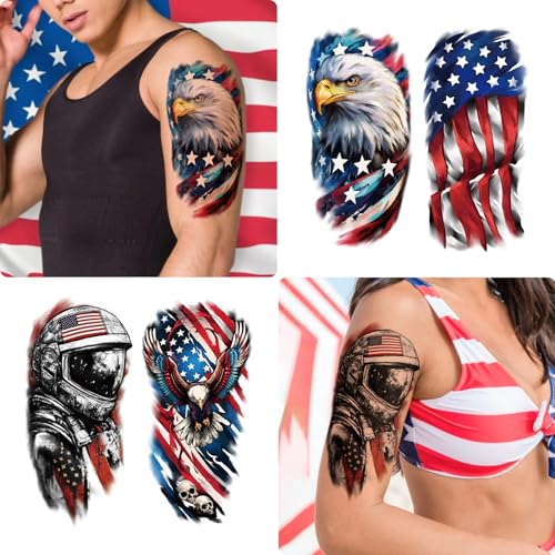 Image of 77 Sheets Independence Day Temporary Tattoos, USA Flag Patriotic Waterproof Fake Tattoos, Red White and Blue Party Supplies Tattoo for 4th of July Memorial Day, Veterans Day Tattoos