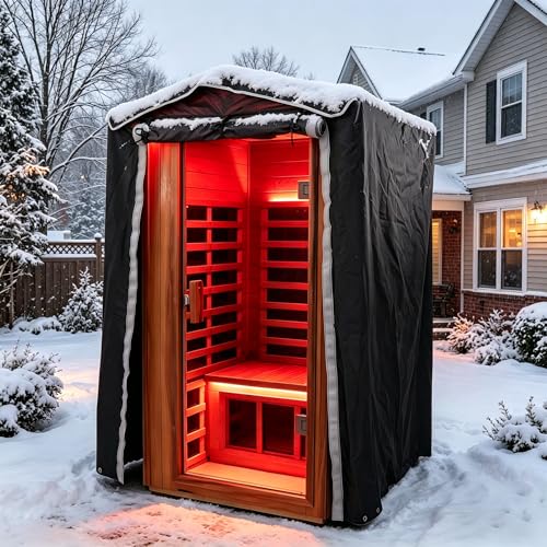 Image of LTCCDSS Outdoor Sauna Cover, 1-Person Waterproof Sauna Protector | 3-Layer Oxford Cloth, Hook & Loop Roll-Up Door, Heat Retention Dust Cover, Fits Up to 45.7 * 39.4 * 79.5 Inch Hillside Roof Sauna