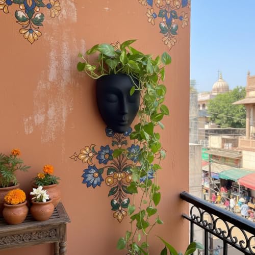 Image of Ceramic Lady Face Wall Hanging Planter (7 Inches, Black) | Abstract Face Vase for Indoor Plants | Succulent Planter for Living Room, Balcony & Office Decor | Aesthetic Home Decor Gift