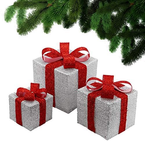 Taylor & Brown Set of 3 LED Light Up Decorative Coloured Parcel Presents Set with Bow Indoor Outdoor Decoration Xmas Lights (Silver & Red)