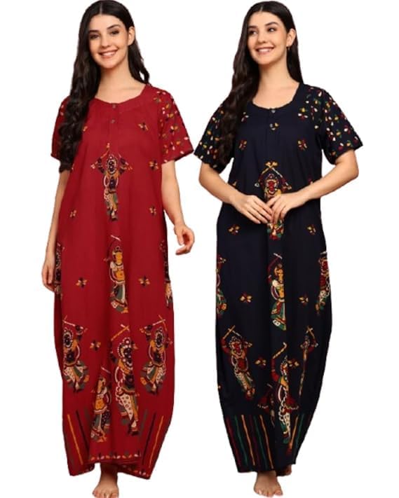 Image of PITINAN Pure Cotton Embroidered Nighty for Women | Maxi Night Gown | Jaipuri Cotton Nightdress with Pocket & Adjustable Knot | Comfortable Sleepwear