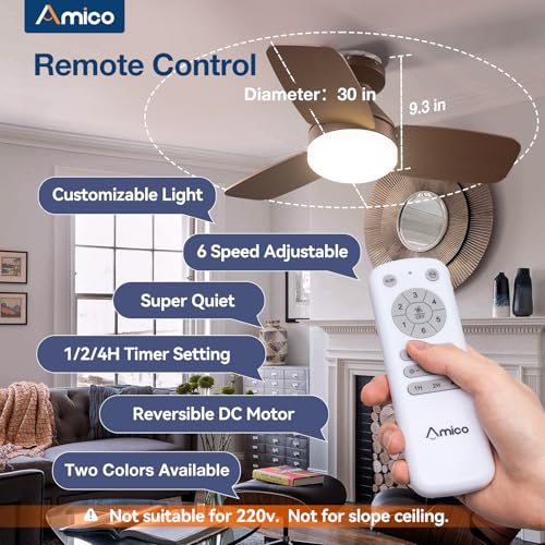 Image of Amico Ceiling Fans with Lights, 30 inch Low Profile Ceiling Fan with Light and Remote Control, Flush Mount, Reversible, 3CCT, Dimmable, Noiseless, Brown Ceiling Fan for Bedroom, Indoor /Outdoor Use