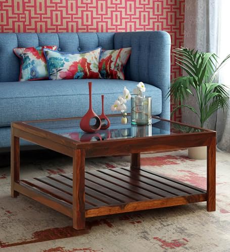 Image of BWF Premium Sheesham Wood & Glass Top Square Shape Centre Table | Coffee Table | Sofa Table | Living Room Furniture | Under Table Shelf Storage | BP - 34 | Honey Finish |