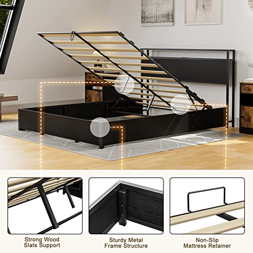 IKIFLY-Queen-Size-Lift-Up-Storage-Bed-with-Storage-Shelf-Headboard-Metal-Queen-Platform-Bed-Frame-with-Charging-Station-Solid-Wood-Slats-No-Box-Spring-NeededEasy-Assembly-Black
