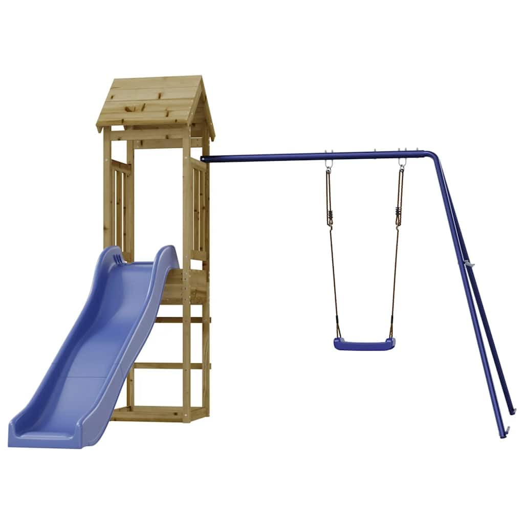 Torre de juegos de madera de pino impregnada con columpio, tobogán, arenero y pedestal, estructura de escalada para jardín, patio o terraza, parque infantil para movimiento y aventura al aire