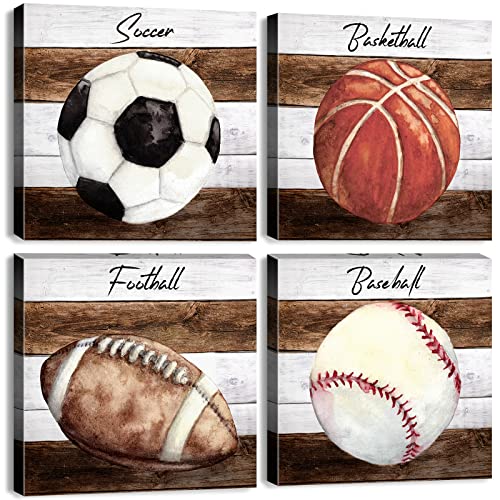Boys Room Decor Sports Wall Art For Boy Bedroom Basketball Soccer Baseball Football Canvas Pictures Watercolor Sports Themed Posters Paintings Vintage Toddler Nursery Artwork Home Decorations 12X12" 4 Pcs #TOP13