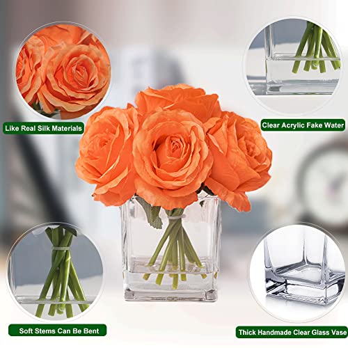 Rubystory Silk Rose Artificial Flowers In Vase, Faux Floral Arrangement With Fake Water In Vase For Home Decor, Wedding Table (Orange) #TOP2