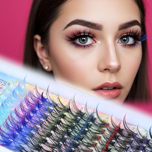Image of MAYCREATE Colored Wispy False Eyelashes Eyelash Extension 14 16mm Individual Lash Clusters with Red Blue Purple Green Pink Tips, Dramatic DIY Lashes for Festival Stage Party Cosplay
