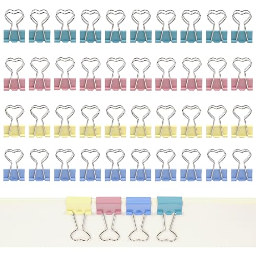 Umbrotiger Heart Shaped Binder Clips 40-Pack - Pastel Macaron Colorful Metal Paper Clips for Office & Home Organizing, Creative Decorative File Clamps (Green, Pink, Blue, Yellow)