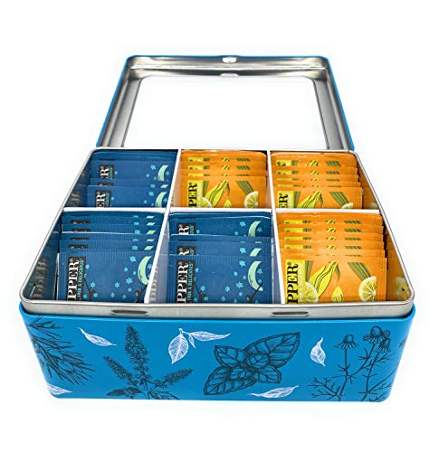 Perfekto24-Teebox-Teekiste-aus-Metall-mit-aufklappbarem-Deckel-Teedose-mit-6-Faechern-fuer-Teebeutel-als-Teebeutelbox-und-Schmuckkaestchen-aus-Weissblech-kein-Aromaverlust-blau