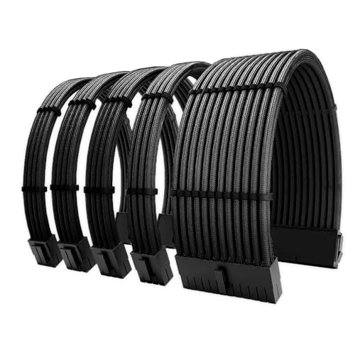 KIT 5 CABO SLEEVED PRETO EXTENSOR FONTE 1X24P (ATX) - 2X4+4P (EPS) - 2X6+2P (GPU)