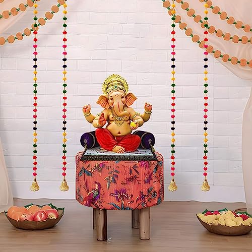 Image of DSCYENTES Pom Pom Door Side Hangings for Decoration, Ganesh Chaturti Decoration, Wall Hanging for Main Entrance,Temple Pooja Room, Stylish & Handmade Diwali Hanging (4 Feet, 4 Pc's)