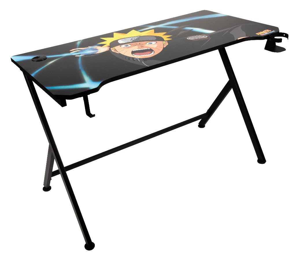 Konix Naruto Shippuden Bureau Gaming 121 x 69 x 76 cm en Forme de Y - Table en Bois et métal - Porte-gobelet - Support Casque - Motif Naruto Rasengan