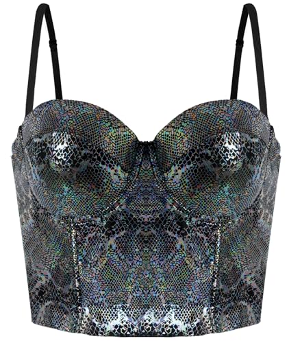 Damen Korsett Bustier BH Dessous Snake-Print Tank ärmelloses Top Trägertop mit Gepolstert Crop Corsage Clubwear Shirt Spaghettitop mit abnehmbaren...