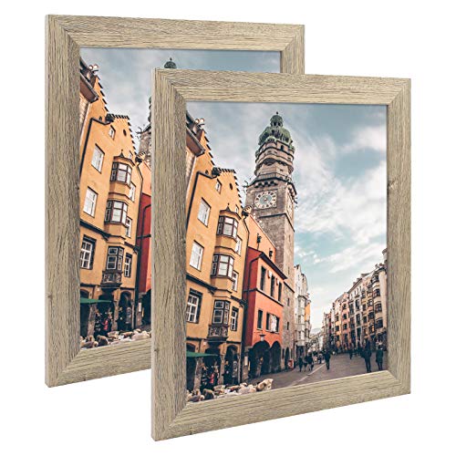 Frametory, Set of 2-11x14 Photo Frame - Natural Grain Color, Wide Moulding Design - Sawtooth Hanger, Back Turn Buttons - Wall Display - for Pictures, Events, Decoration