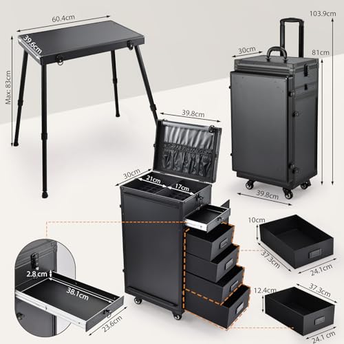 Maleta de Maquillaje con Mesa y 5 cajones Maletín de Maquillaje Profesional con Ruedas Caja Maquillaje Maleta Peluquería Grande Mesa de Manicura móvil Trolley Maquillaje, Negro - imagen 5