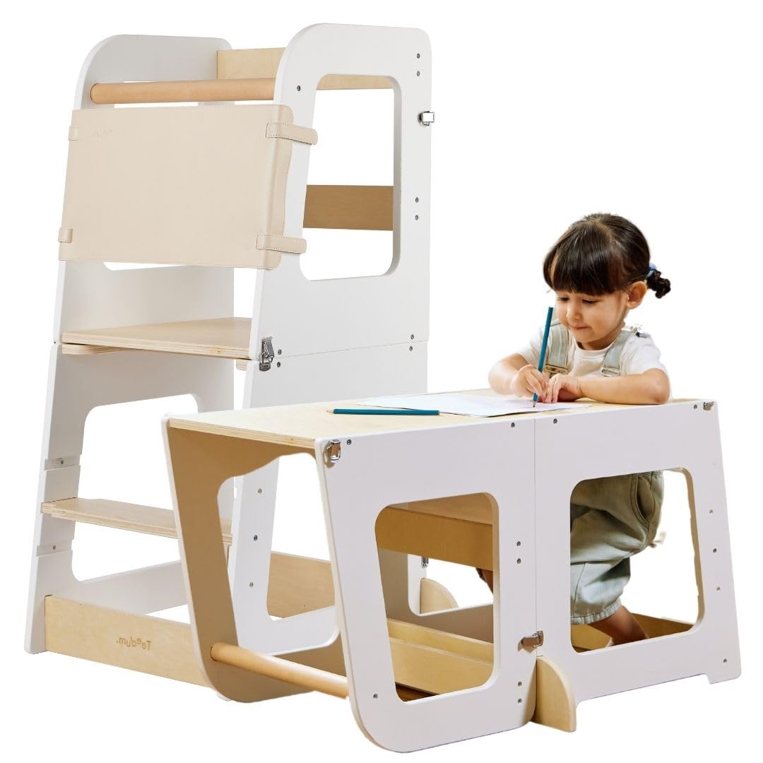 Teedum White, Beige Montessori Children's Observation Tower Convertible Into Office – Learning Tower – Observation Tower High Stool For Children 12 Months To 6 Years.