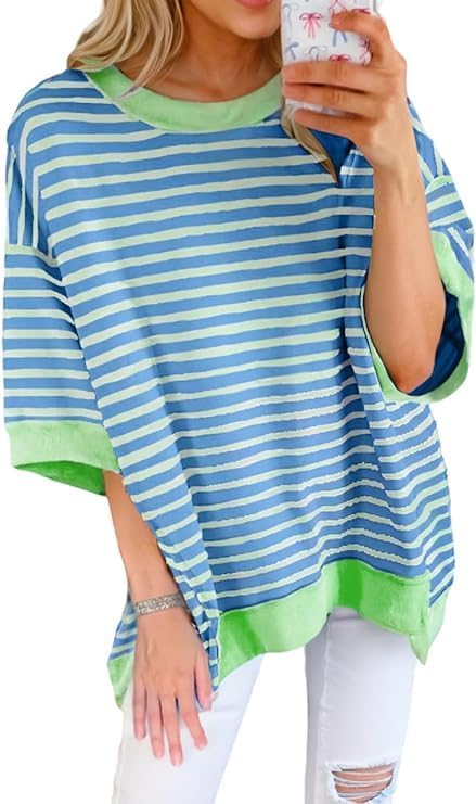 Women Striped Colorblock Oversized T Shirt Exposed Seam High Low Pullover Crewneck Short Sleeve Blouses Tops