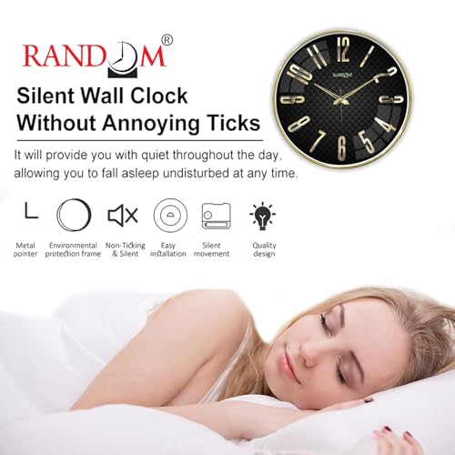 Image of RANDOM Silent Wall Clock, Non-Ticking Quartz Movement, Foiling Ring and 3D Numbers (Black and Gold)