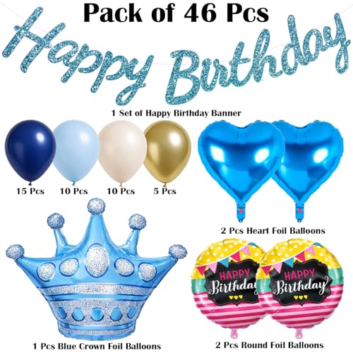 Image of Blue Birthday Decoration Kit for Boys - 46 Pcs Happy Birthday Banner with Crown, Heart & Round Foil Balloons, Prince Theme Set for Birthday Parties Decoration