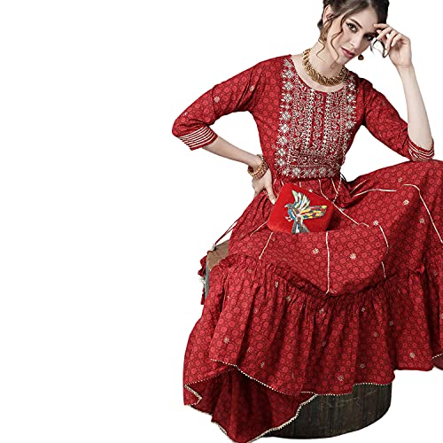 Image of ishin Women's Cotton Regular Fit Anarkali Embellished Zari Embellished Print Kurti