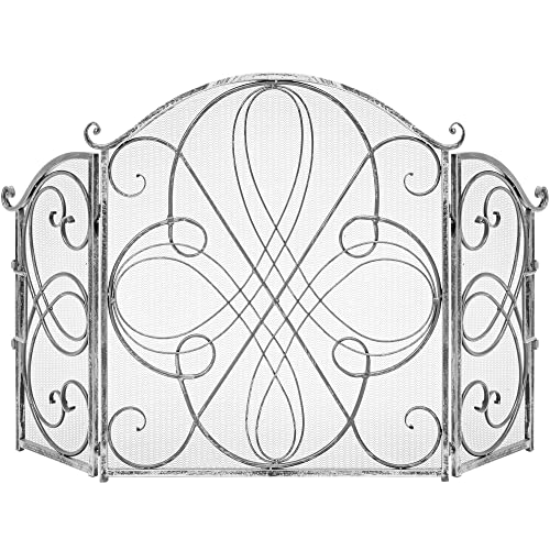Best Choice Products 3-Panel 55x33in Solid Wrought Iron See-Through Metal Fireplace Screen, Spark Guard Safety Protector w/Decorative Scroll - Pewter