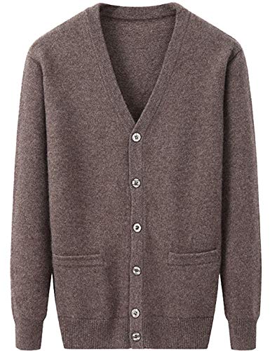 Flygo Men's V Neck 100% Cashmere Cardigan Sweater (Medium, Khaki)