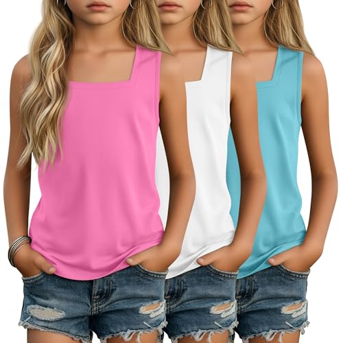 Image of 3 Pack Girls Square Neck Tank Tops | Basic, Sleeveless T-Shirts, Casual Summer Tanks, Kids Undershirts, School, Size 5-14 Years, Comfy, Elasticity